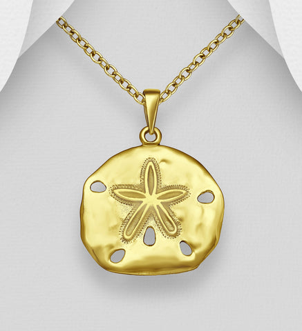 Sterling Silver Sand Dollar Pendant, Plated with 1 Micron 18K Yellow Gold