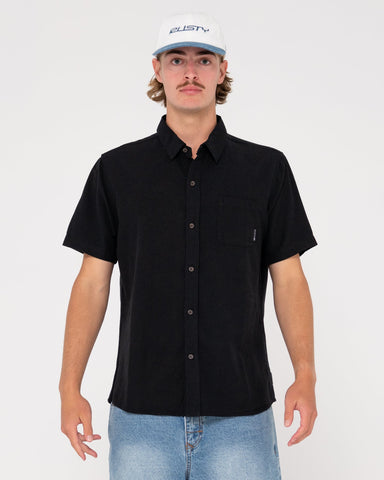 RUSTY Overtone Short Sleeve Linen Shirt - BLACK