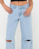 RUSTY Low Rise Wide Leg Ripped Denim Jean - SKY BLUE HEATHER