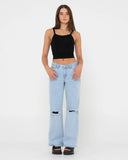 RUSTY Low Rise Wide Leg Ripped Denim Jean - SKY BLUE HEATHER